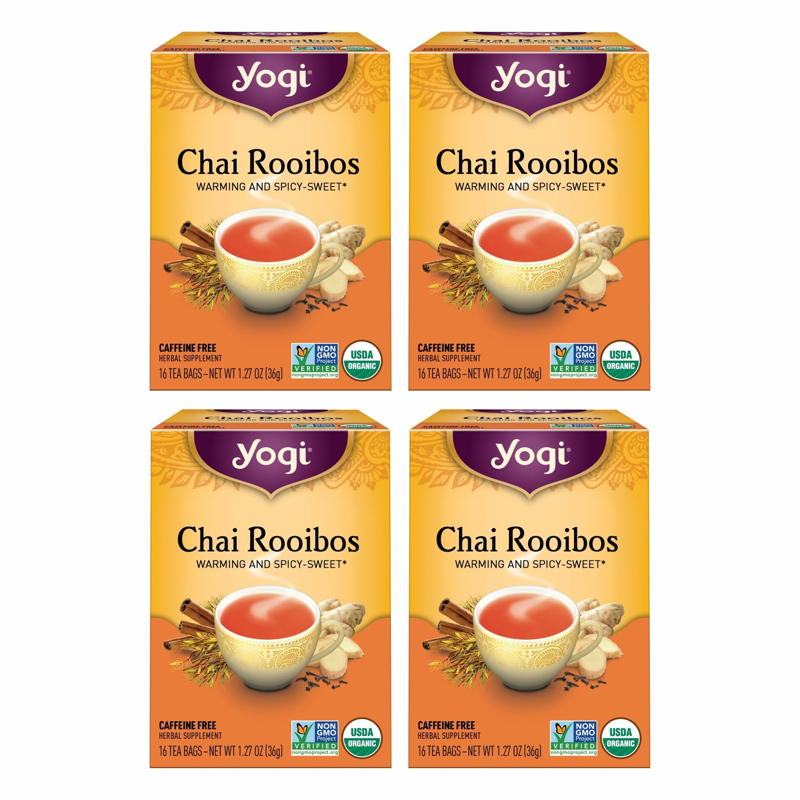 Yogi Tea Chai Rooibos pack front with four-pack value and organic blend.