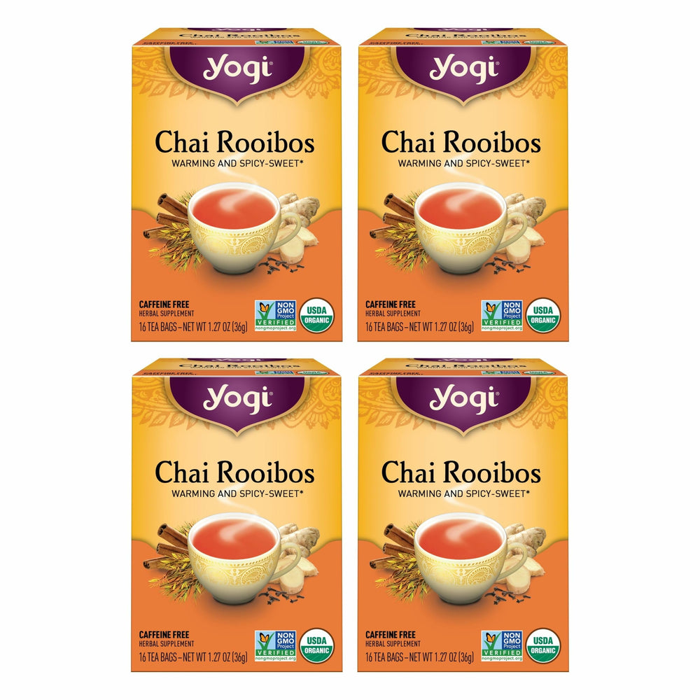 Yogi Tea Chai Rooibos pack front with four-pack value and organic blend.