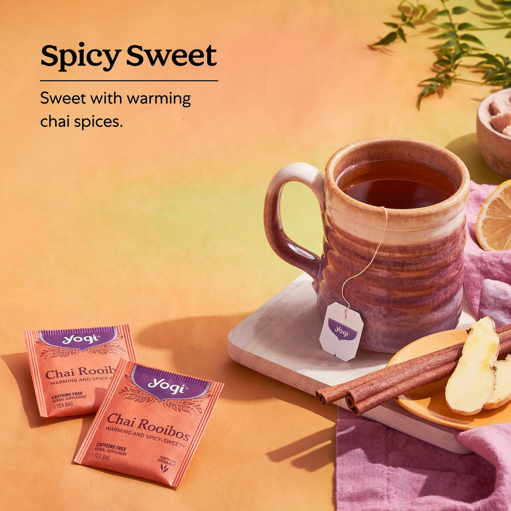 Yogi Tea Rooibos spices cinnamon-ginger-clove close-up shows warm spice blend.
