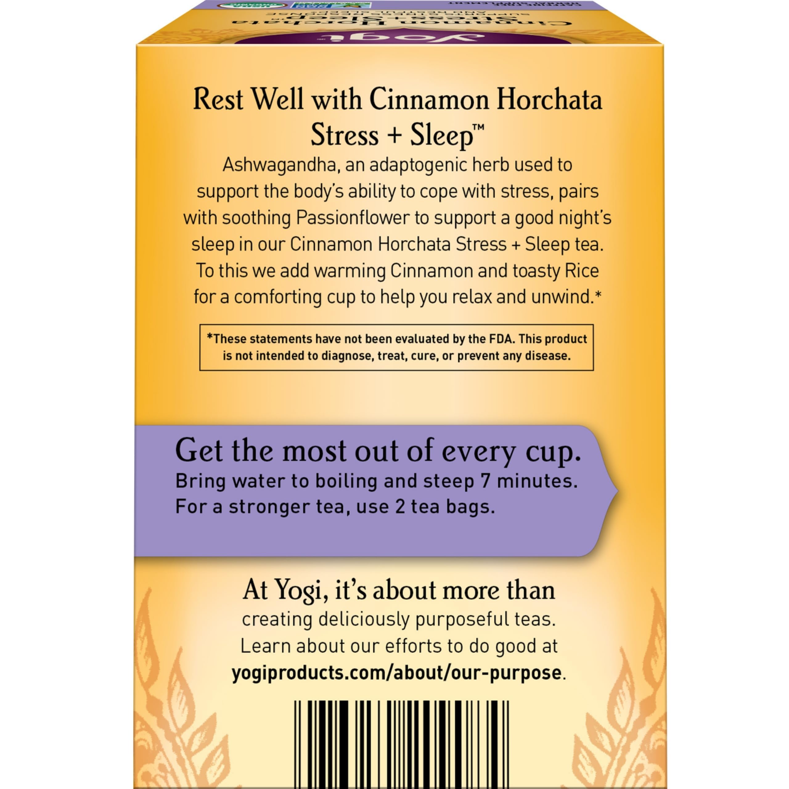 Yogi Cinnamon Horchata Ashwagandha and Passionflower blend promotes herbal relaxation.