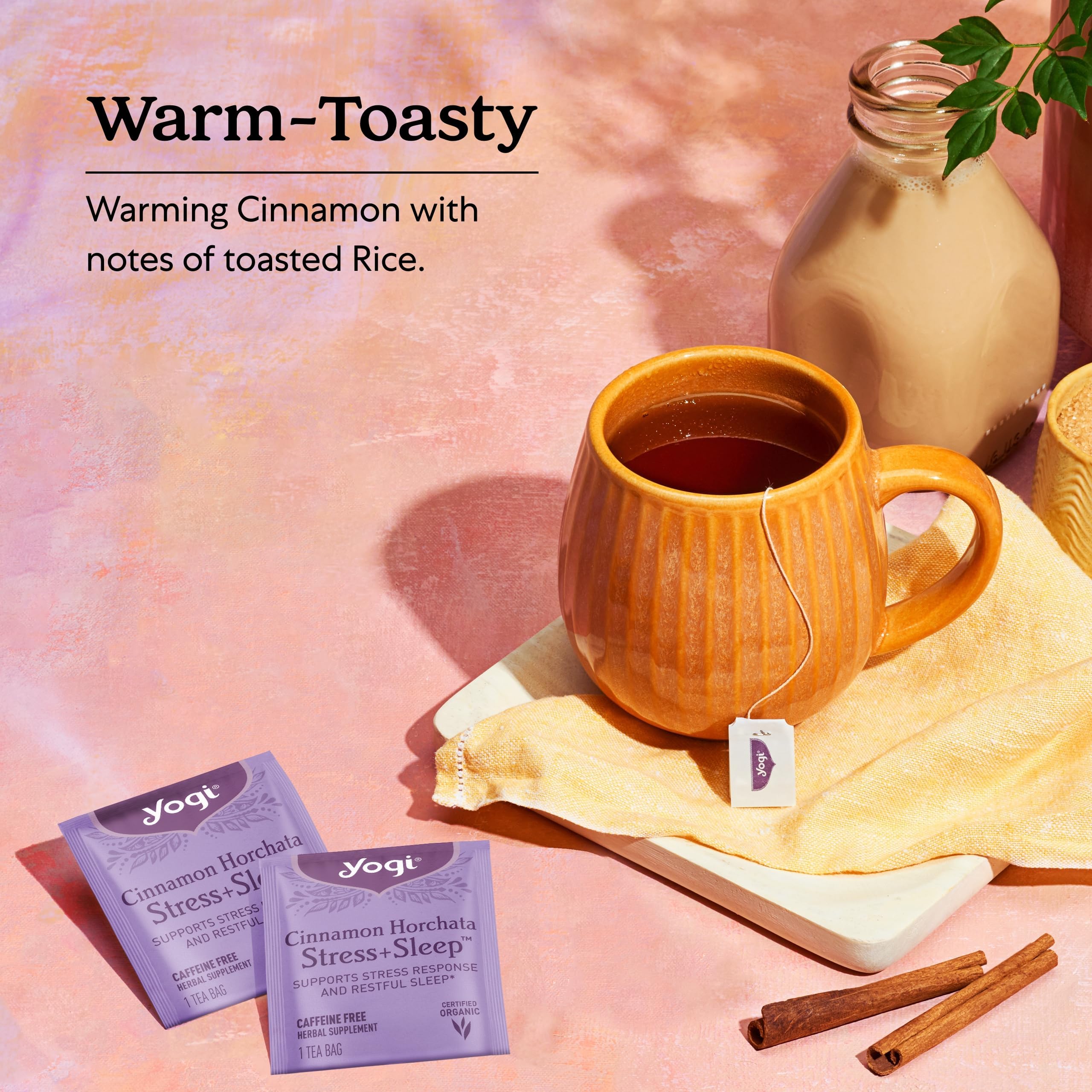 Organic, Non-GMO ingredients in Yogi Cinnamon Horchata support a clean plant-based cup.