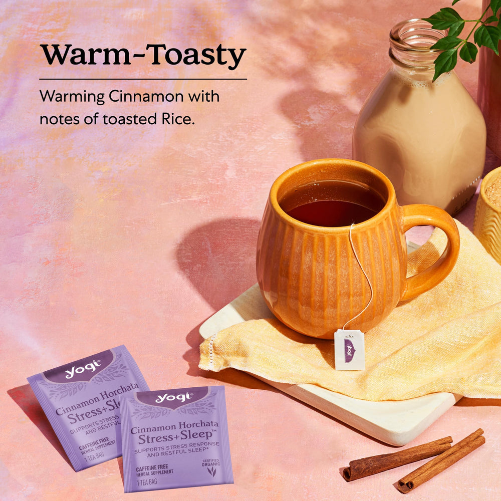Organic, Non-GMO ingredients in Yogi Cinnamon Horchata support a clean plant-based cup.