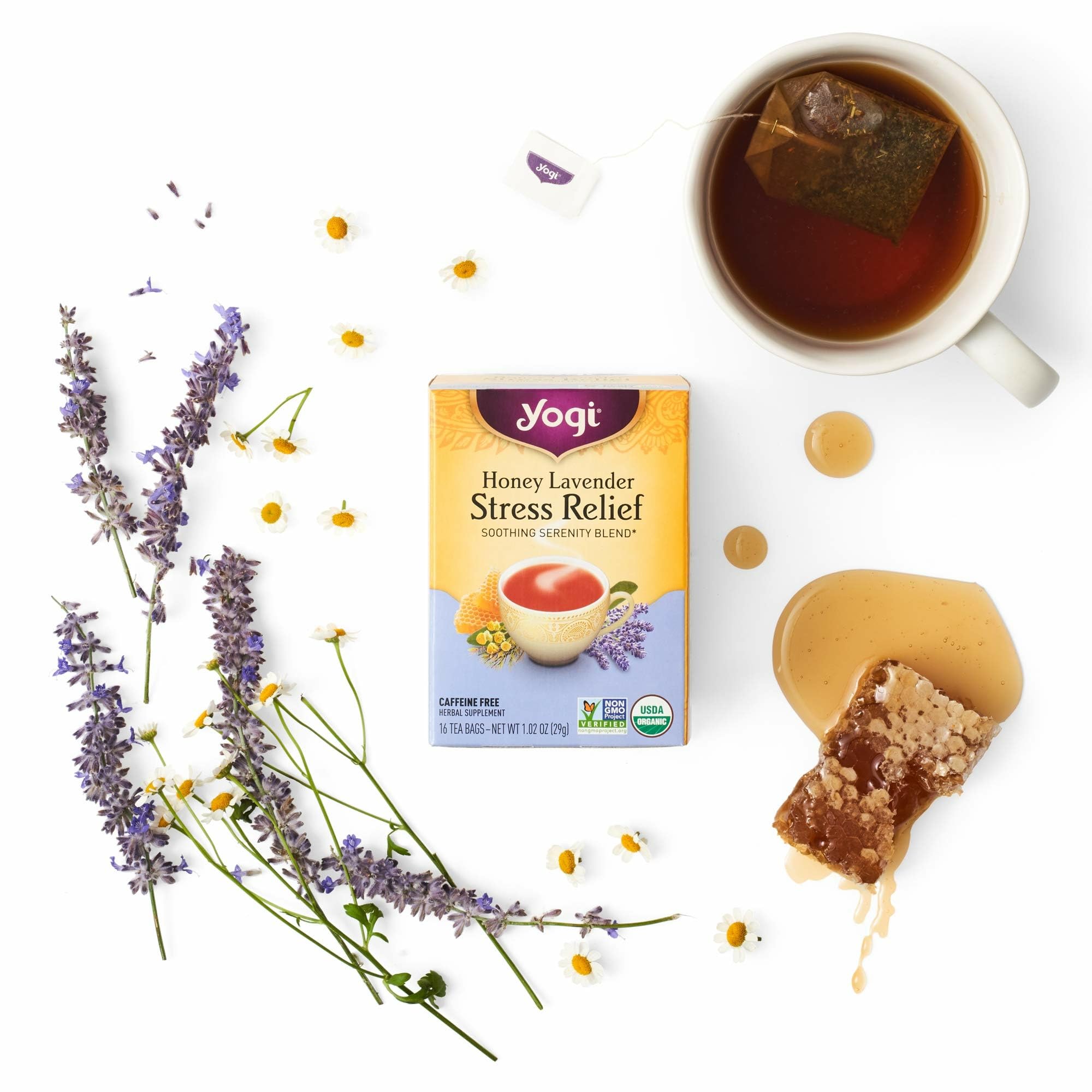 Yogi Teas in a cup with steam, aromatic and comforting
