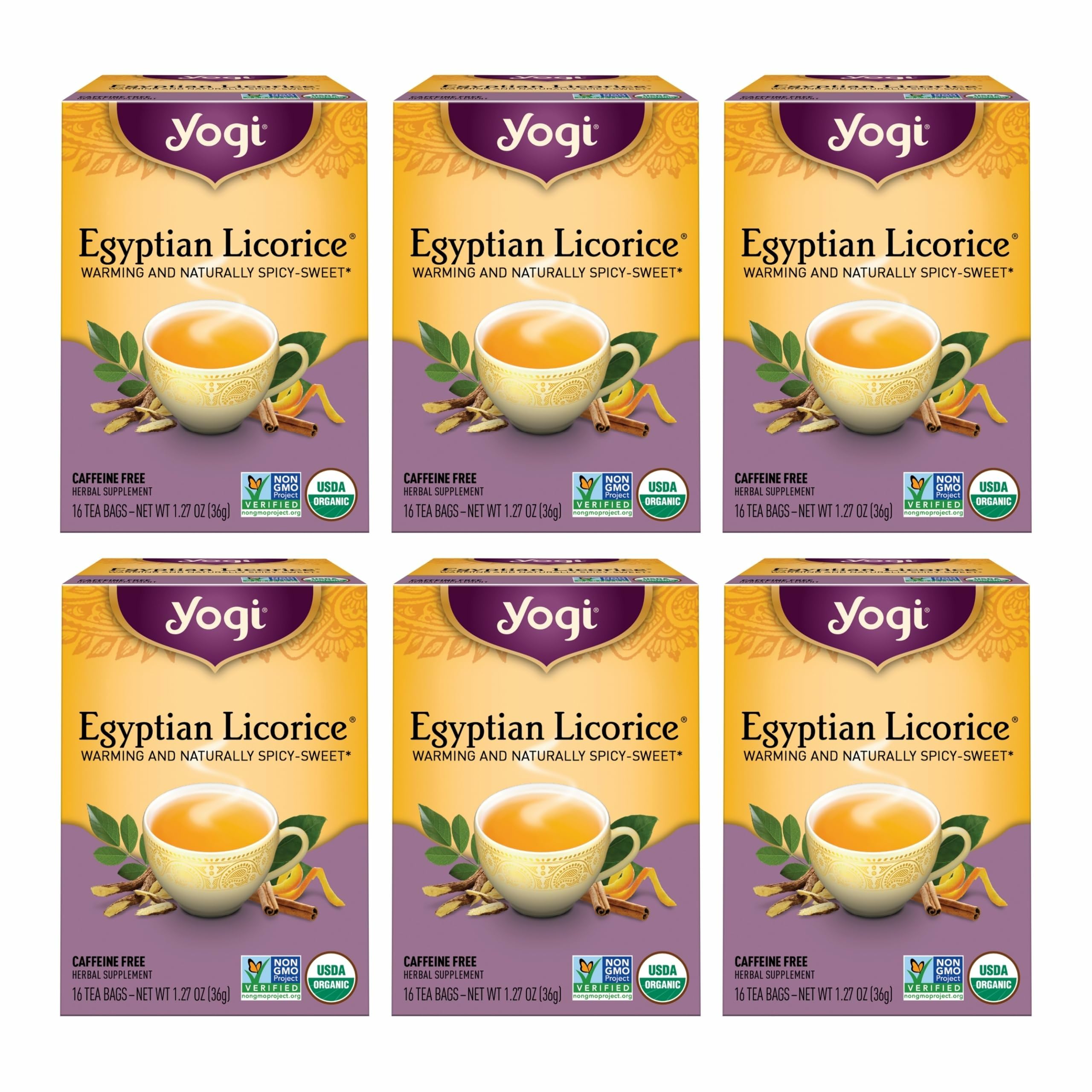 Yogi Tea Egyptian Licorice Tea box—six-pack for caffeine-free evenings.