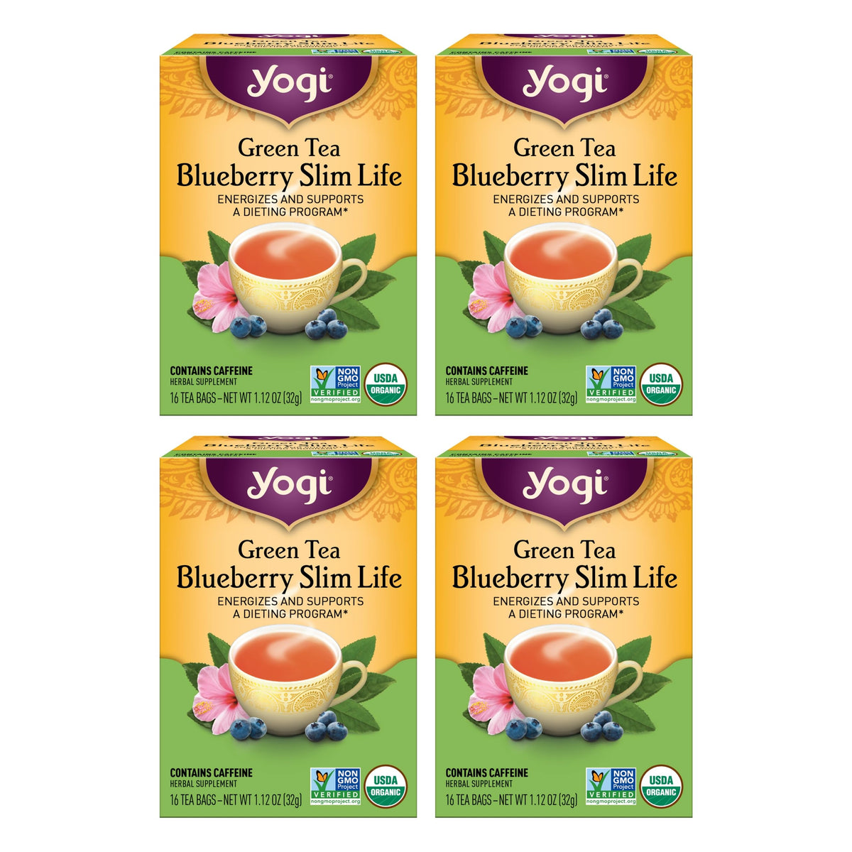 Yogi Tea Green Blueberry Slim Life packaging with organic badge and branding.