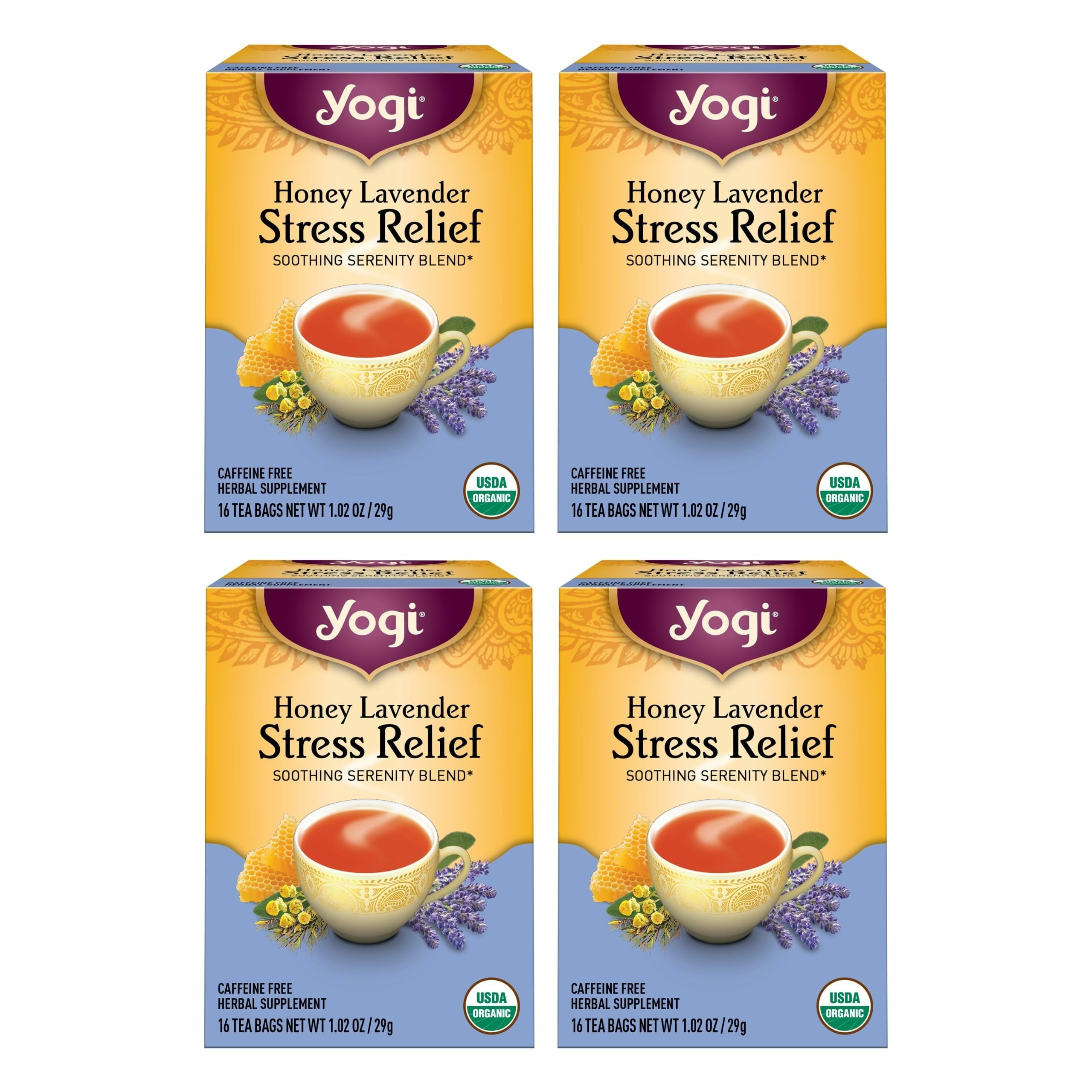 Yogi Honey Lavender Stress Relief tea bags form a calming evening ritual.