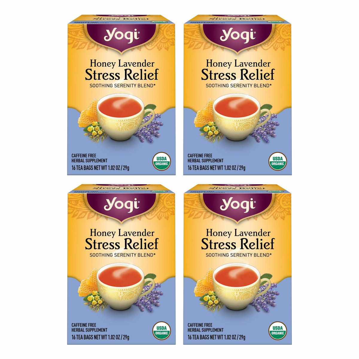 Yogi Honey Lavender Stress Relief tea bags form a calming evening ritual.
