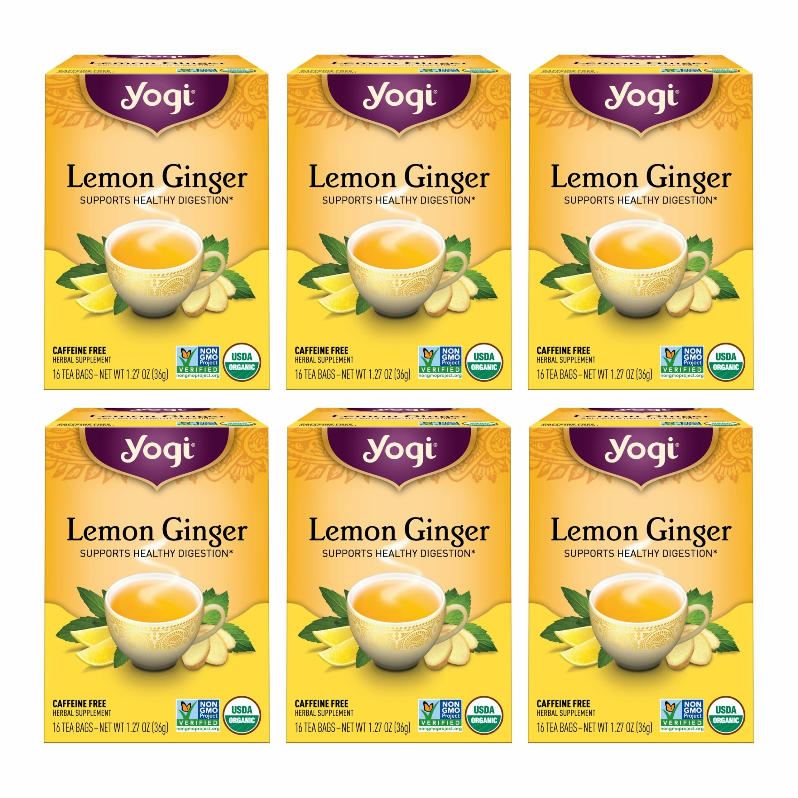 Yogi Lemon Ginger tea bags ready to brew for a refreshing, digestion-friendly cup.