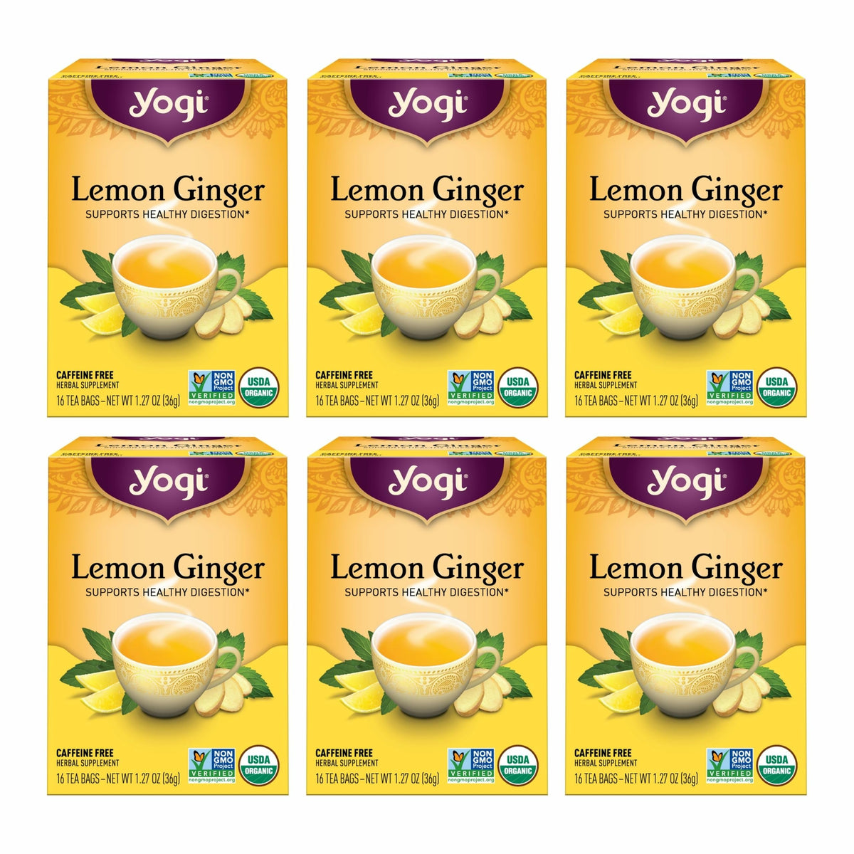 Yogi Lemon Ginger tea bags ready to brew for a refreshing, digestion-friendly cup.