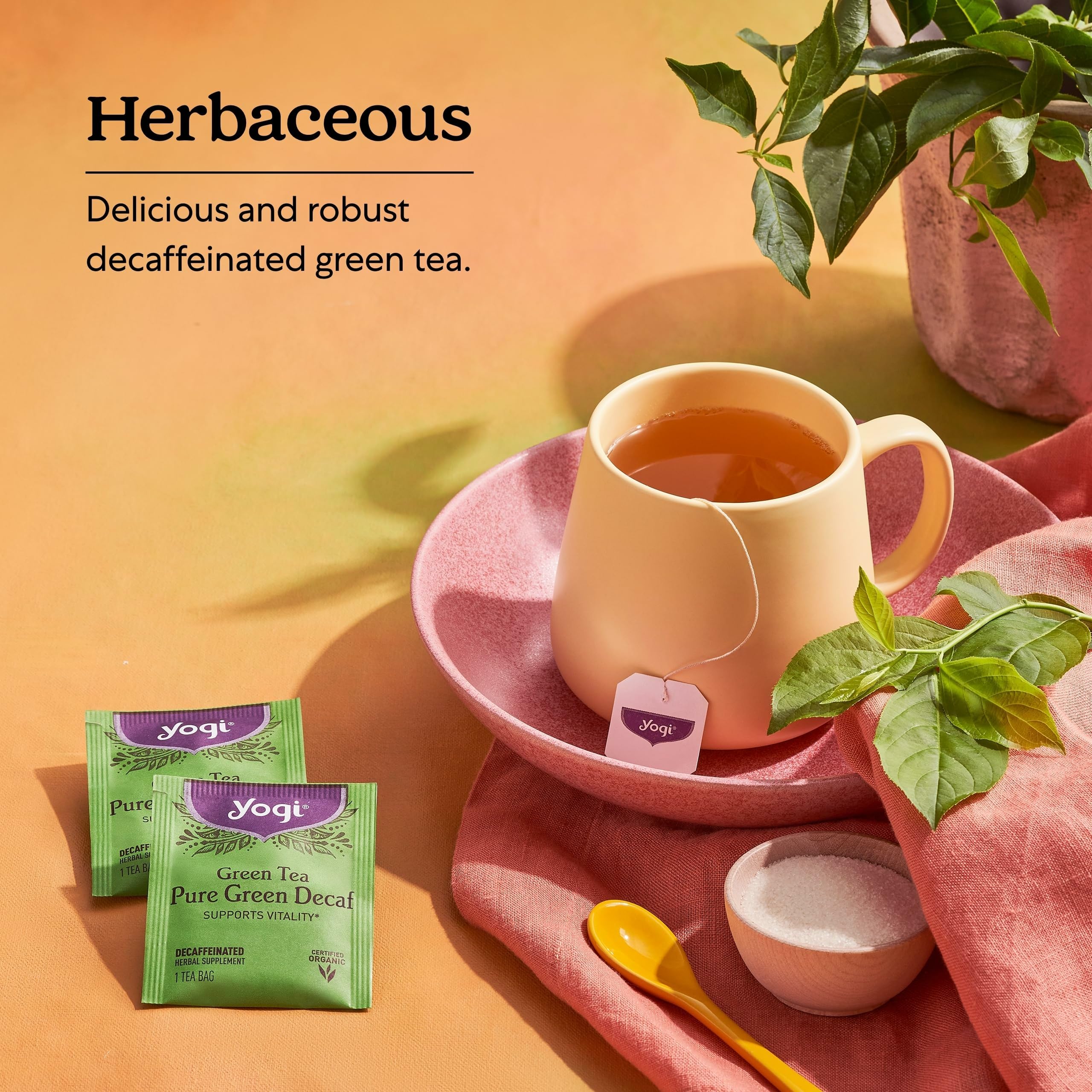 Yogi Tea Organic Ingredients label highlights vegan, non-GMO certification for clean ingredients.