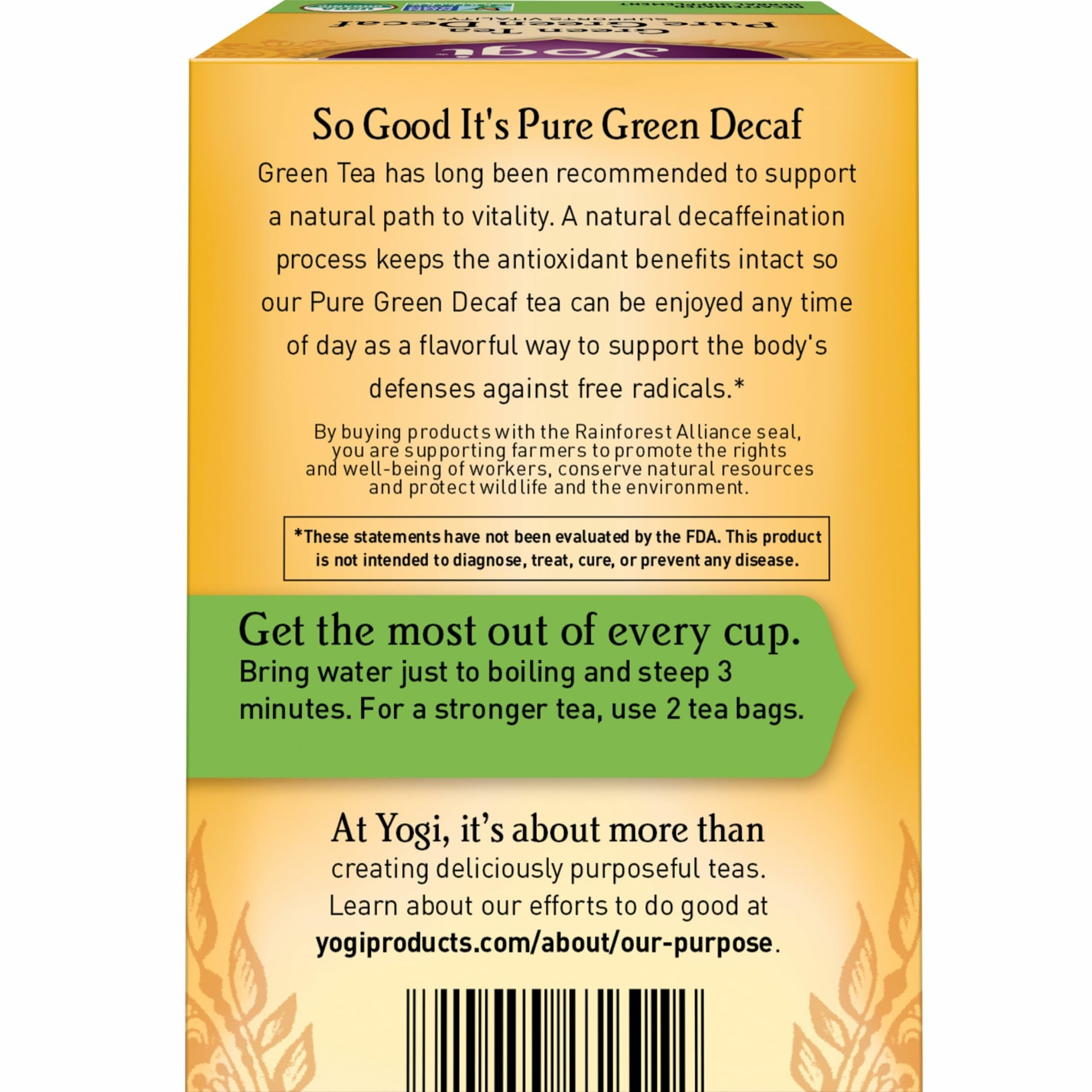 Yogi Tea Pure Decaf Green Tea brewed cup captures warm aroma and smooth finish.