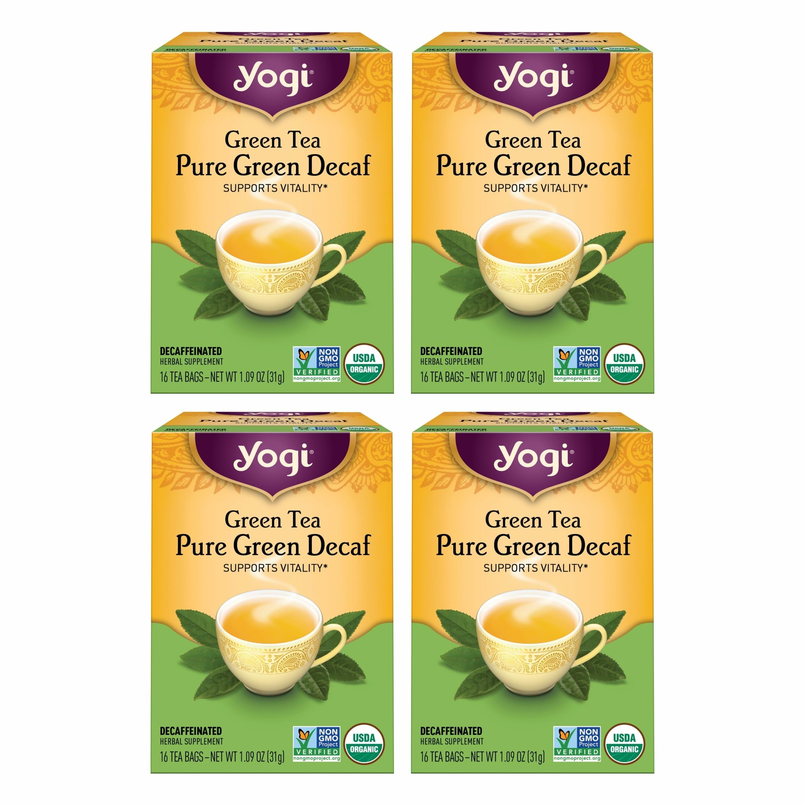 Yogi Tea Pure Decaf Green Tea pack shot shows organic, caffeine-light blend for anytime sipping.
