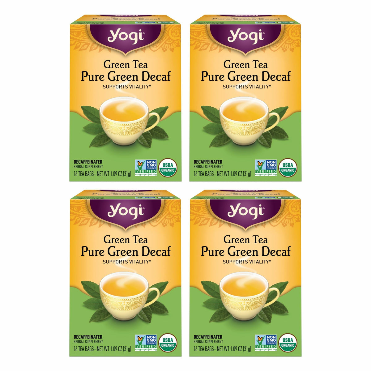 Yogi Tea Pure Decaf Green Tea pack shot shows organic, caffeine-light blend for anytime sipping.
