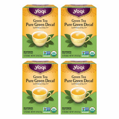 Yogi Tea Pure Decaf Green Tea pack shot shows organic, caffeine-light blend for anytime sipping.