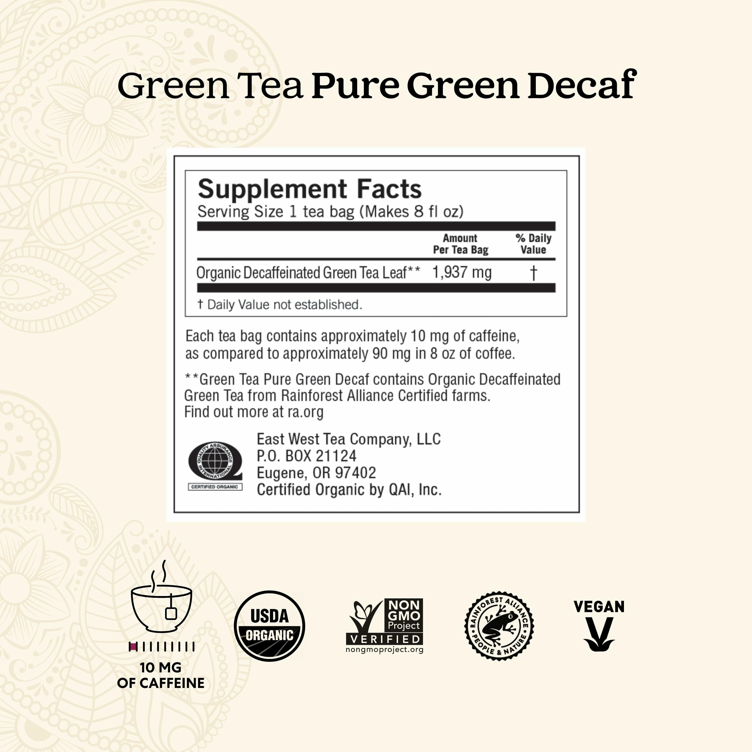 Yogi Tea Pure Decaf Green Tea tea bags closeup emphasizes decaffeinated leaves with preserved antioxidants.
