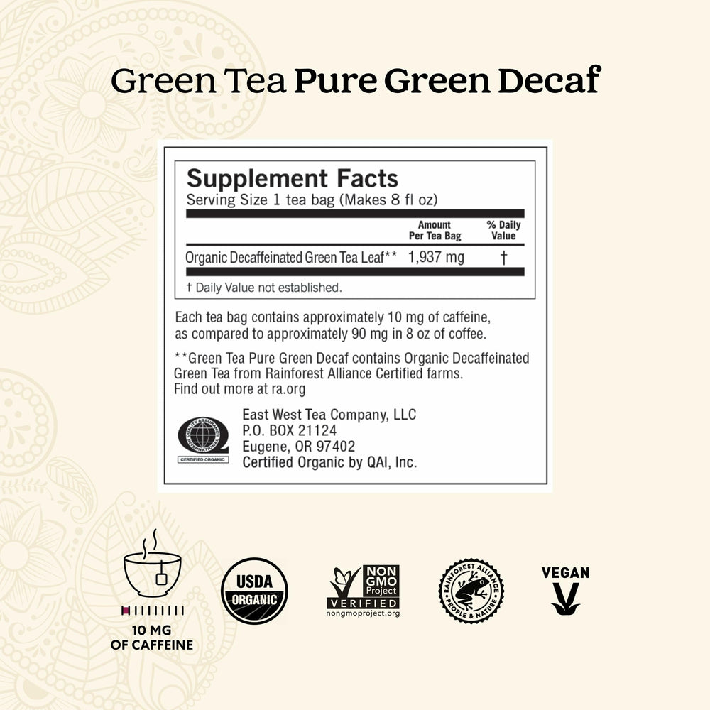 Yogi Tea Pure Decaf Green Tea tea bags closeup emphasizes decaffeinated leaves with preserved antioxidants.