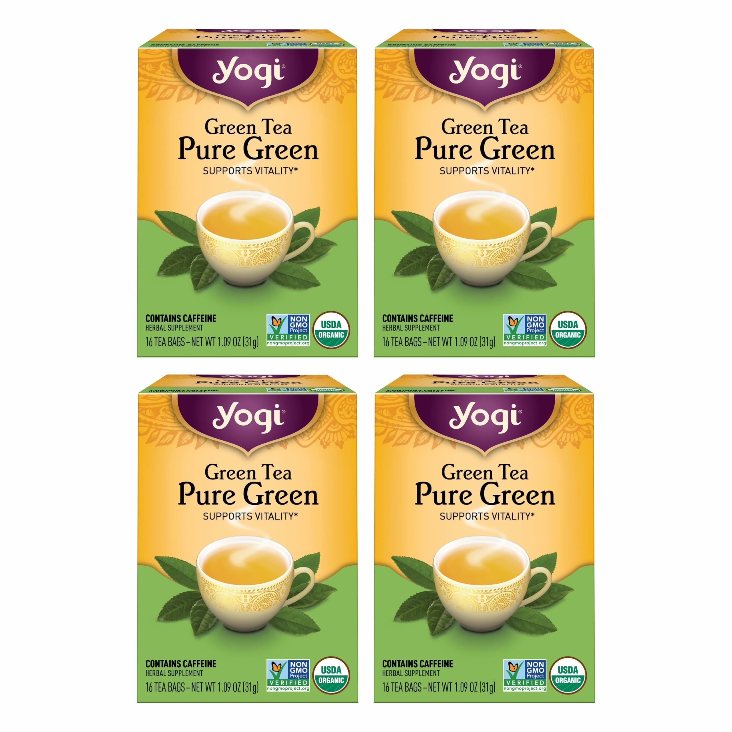 Yogi Tea Pure Green Tea bag closeup shows premium leaves for a refreshing cup.