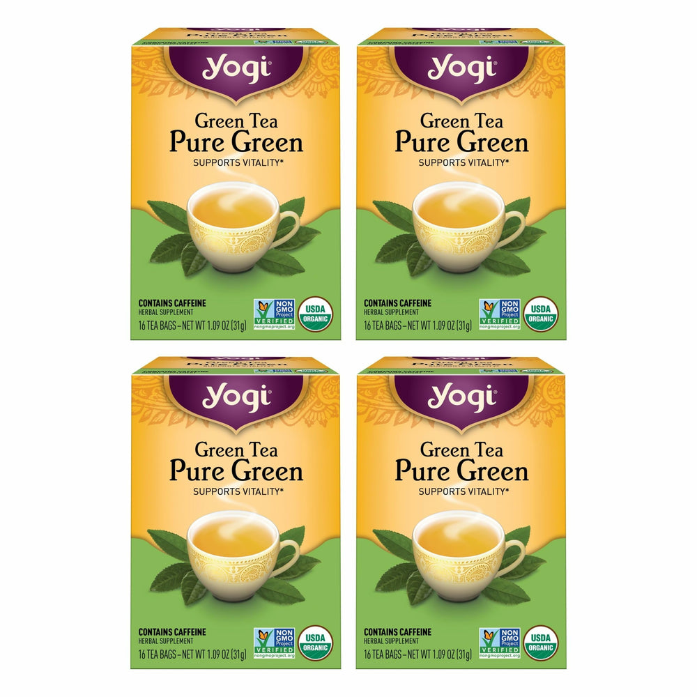 Yogi Tea Pure Green Tea bag closeup shows premium leaves for a refreshing cup.