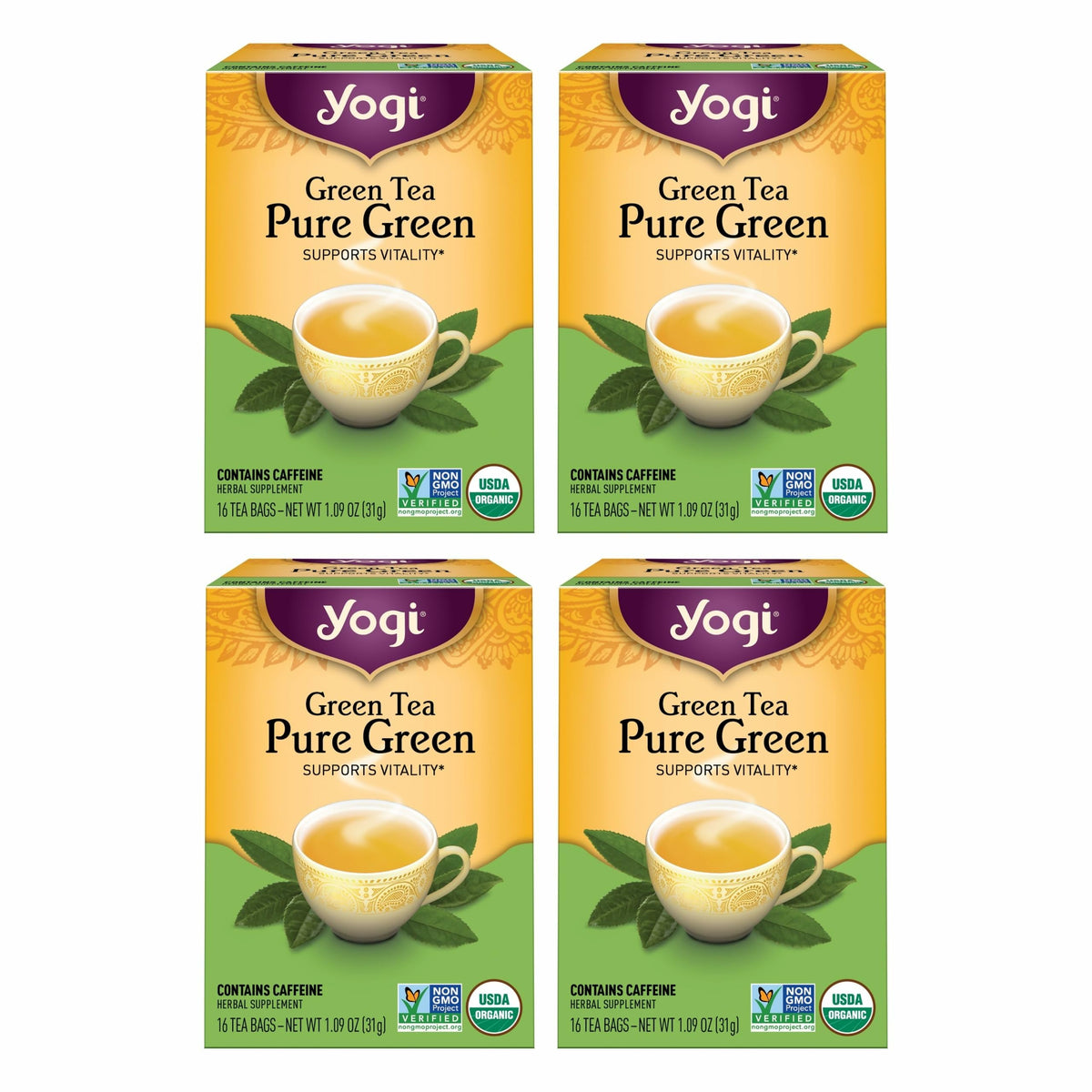 Yogi Tea Pure Green Tea bag closeup shows premium leaves for a refreshing cup.