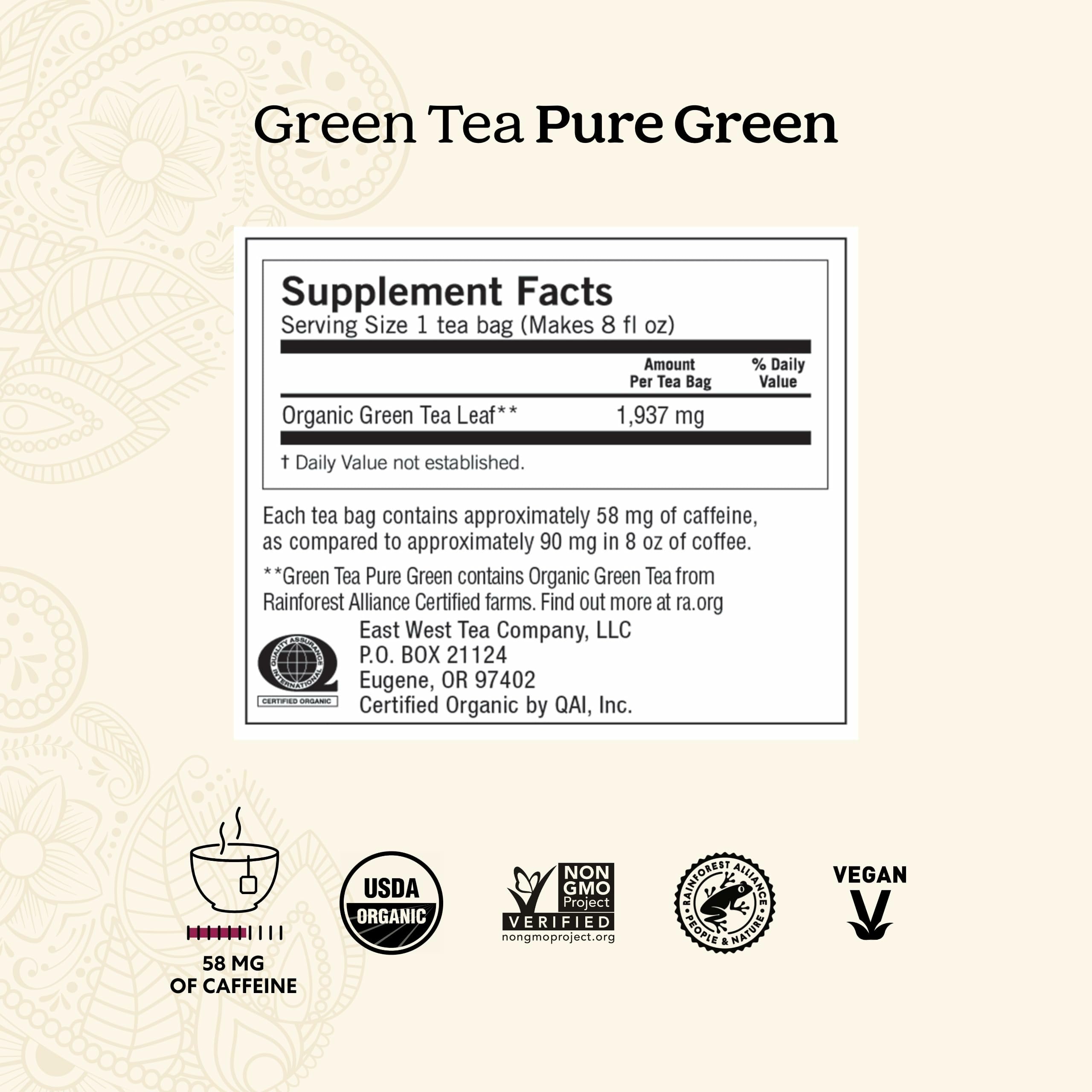 Yogi Tea Pure Green Tea packaging highlights organic, non-GMO ingredients.