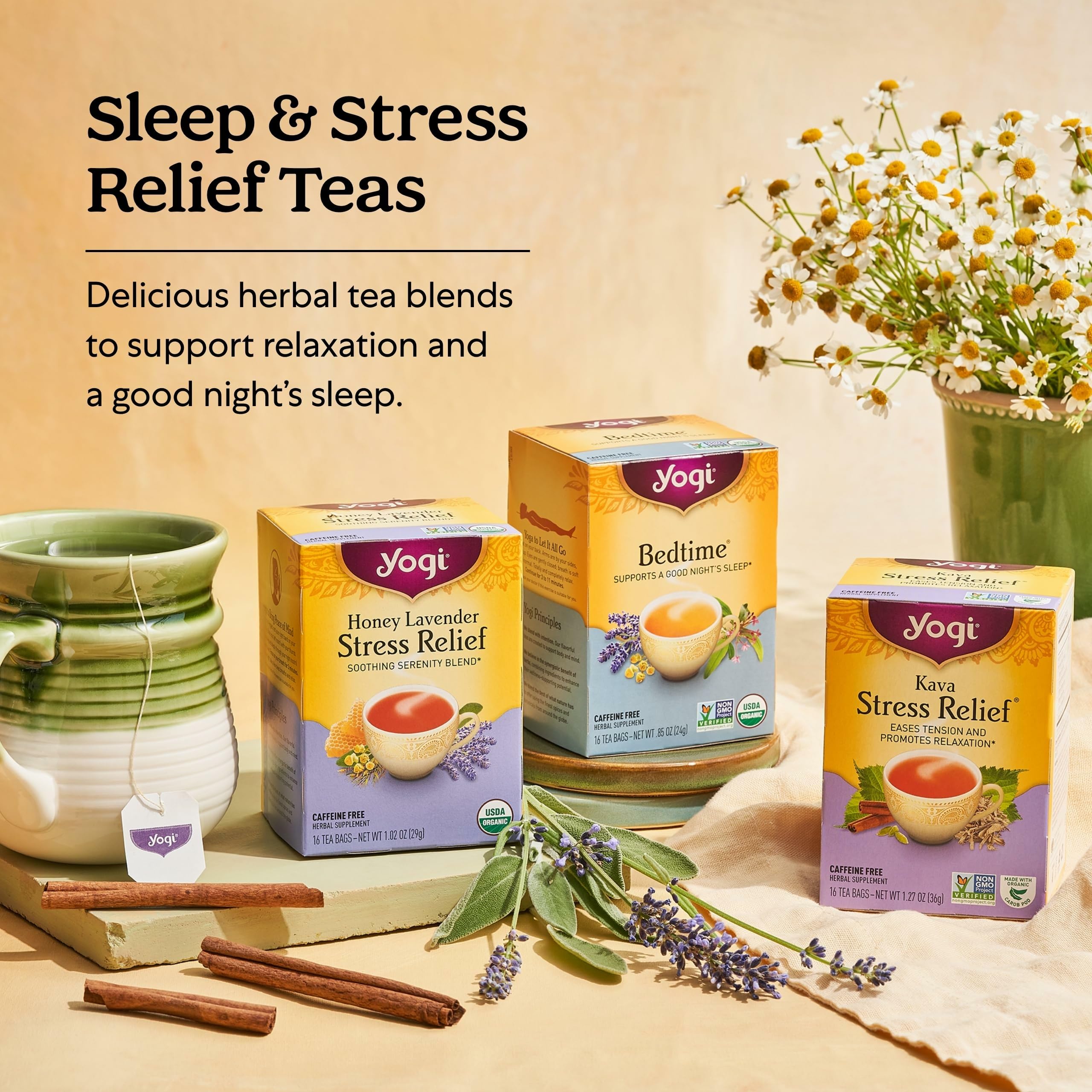 Yogi Tea bags close-up showcasing premium spices and botanicals.