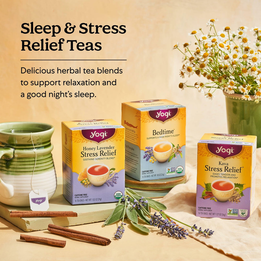 Yogi Tea bags close-up showcasing premium spices and botanicals.