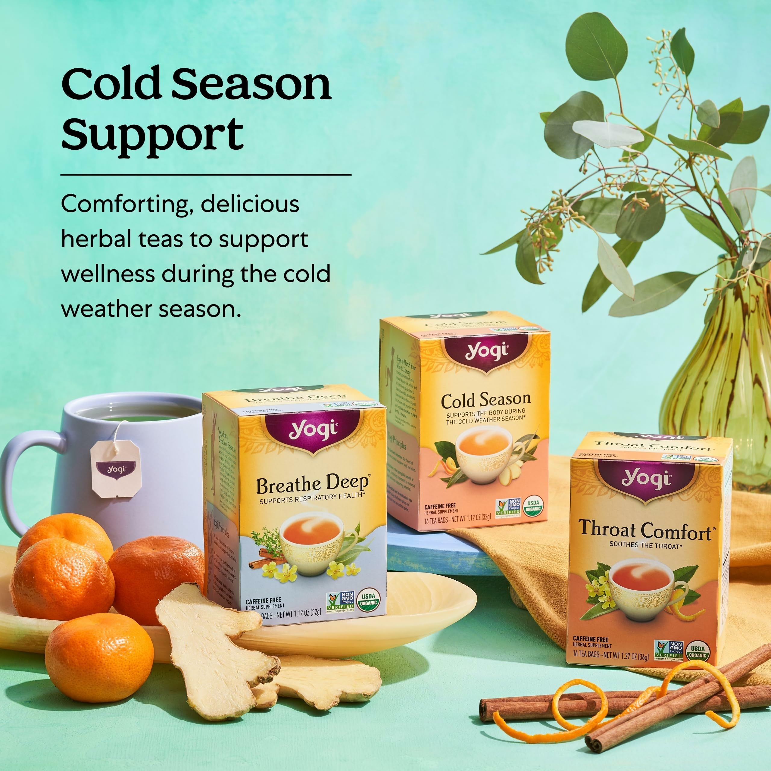 Closeup of Yogi Tea spice and botanical blend details for flavor depth