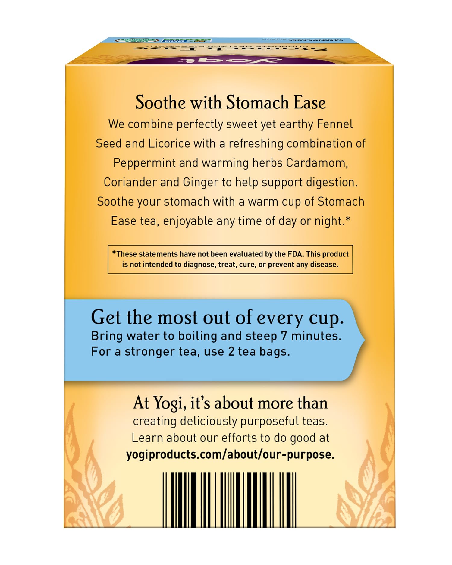 Yogi Tea Stomach Ease organic certifications logo highlighting quality.