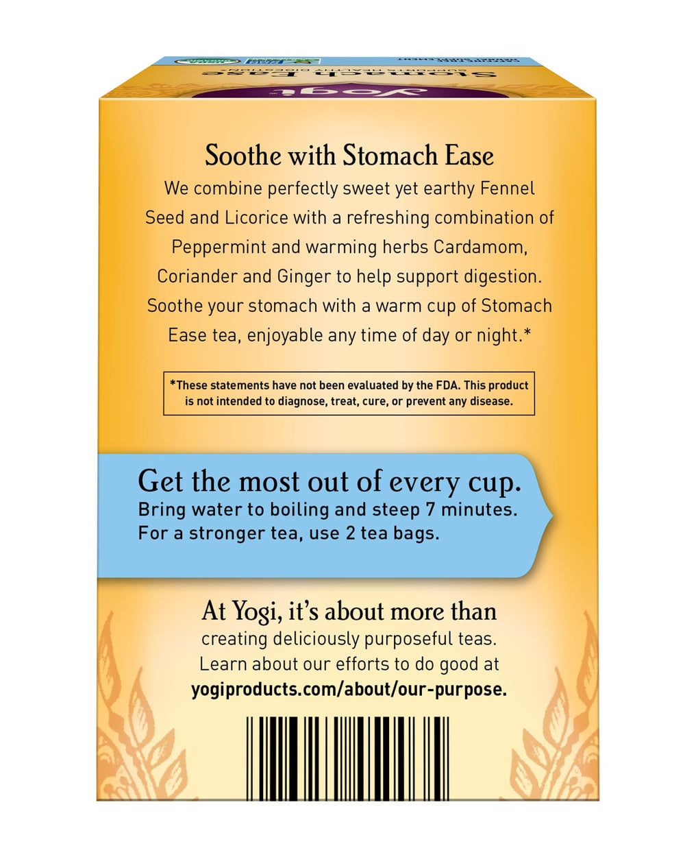 Yogi Tea Stomach Ease organic certifications logo highlighting quality.