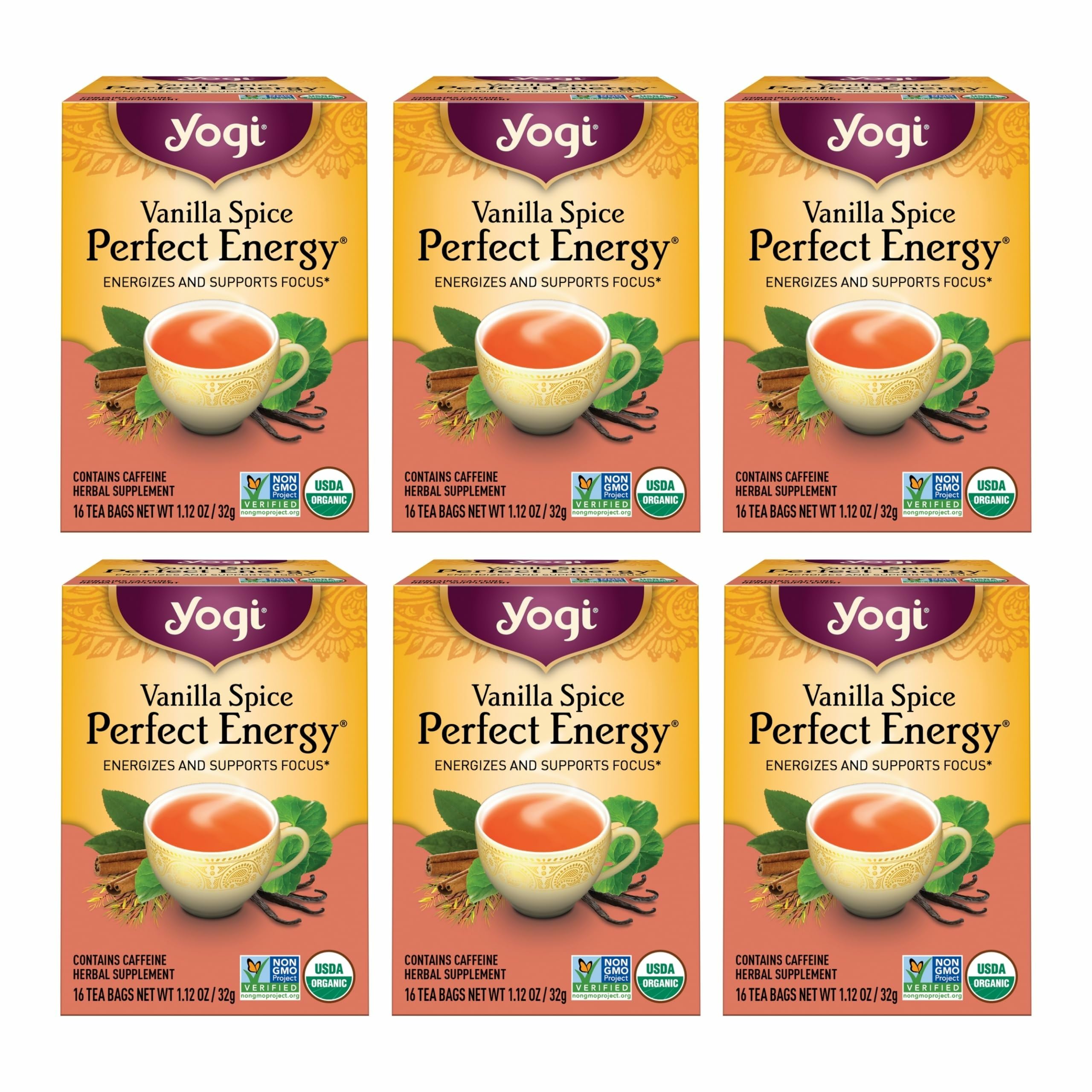 Yogi Vanilla Spice packaging highlighting organic ingredients for a flavorful, potential energy lift.