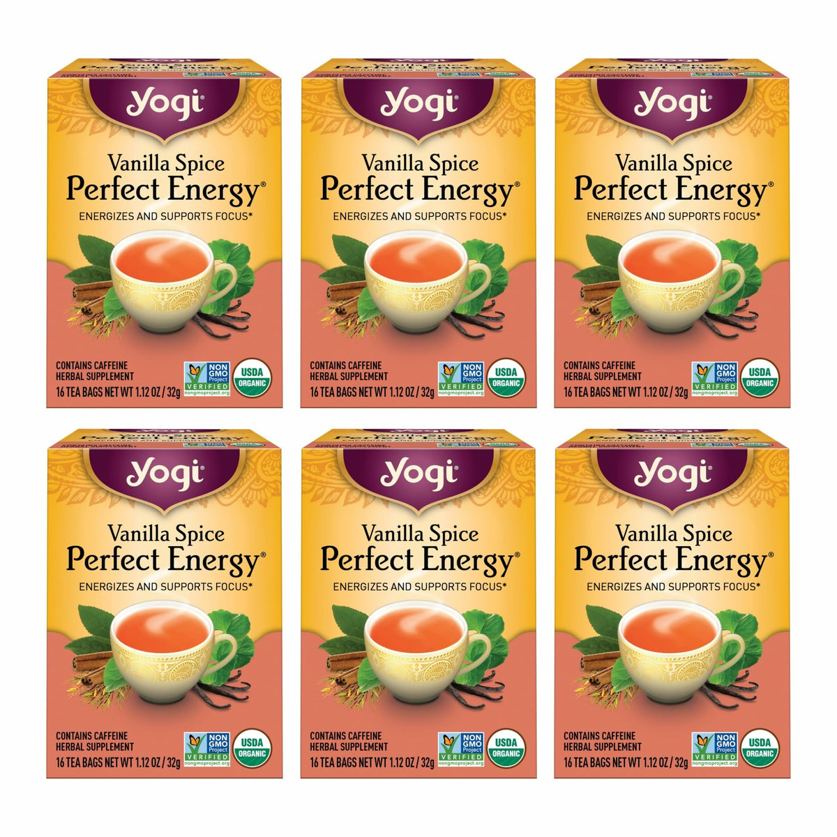 Yogi Vanilla Spice packaging highlighting organic ingredients for a flavorful, potential energy lift.