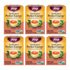 Yogi Vanilla Spice packaging highlighting organic ingredients for a flavorful, potential energy lift.