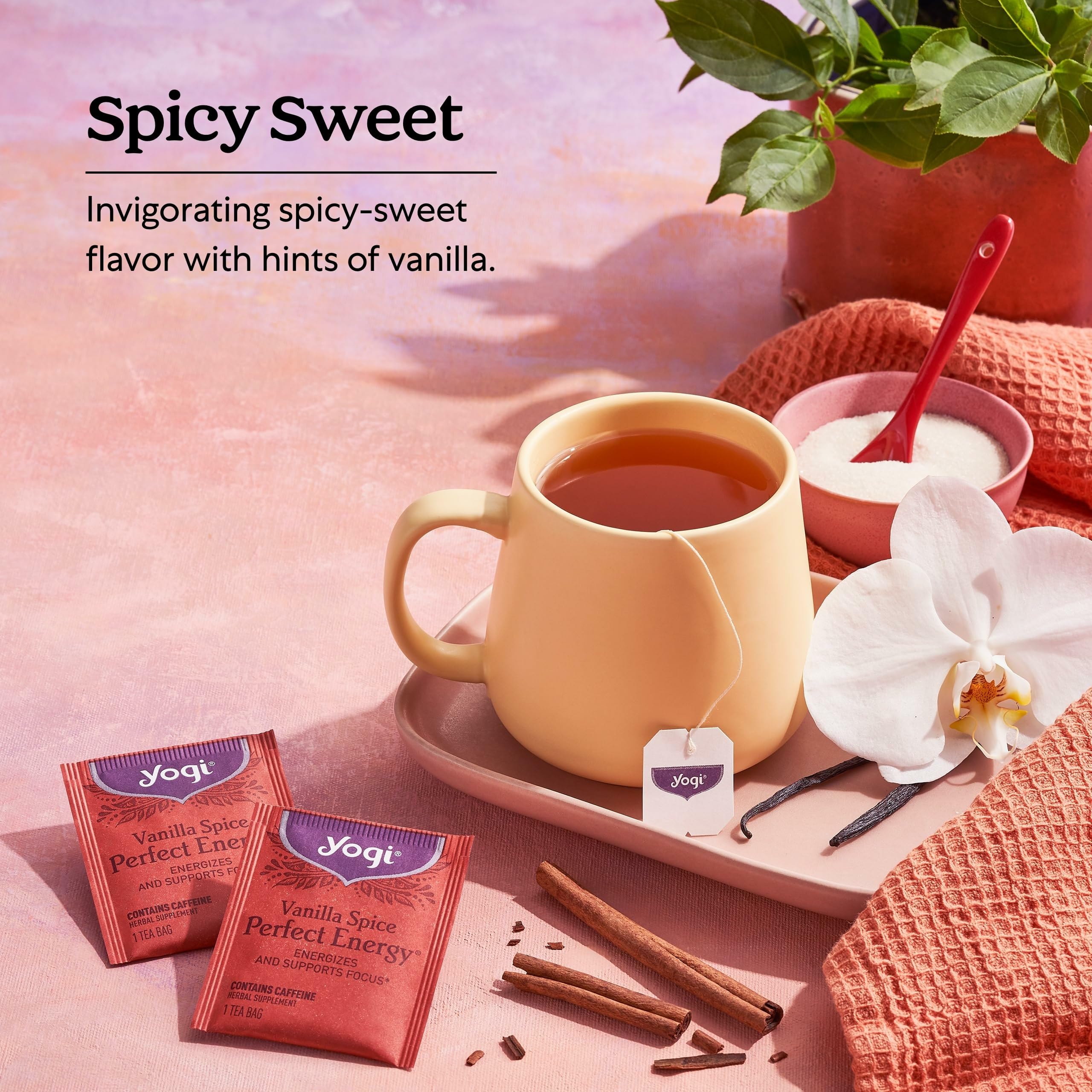 Yogi Vanilla Spice steaming cup captures warm aroma and comforting spice notes.