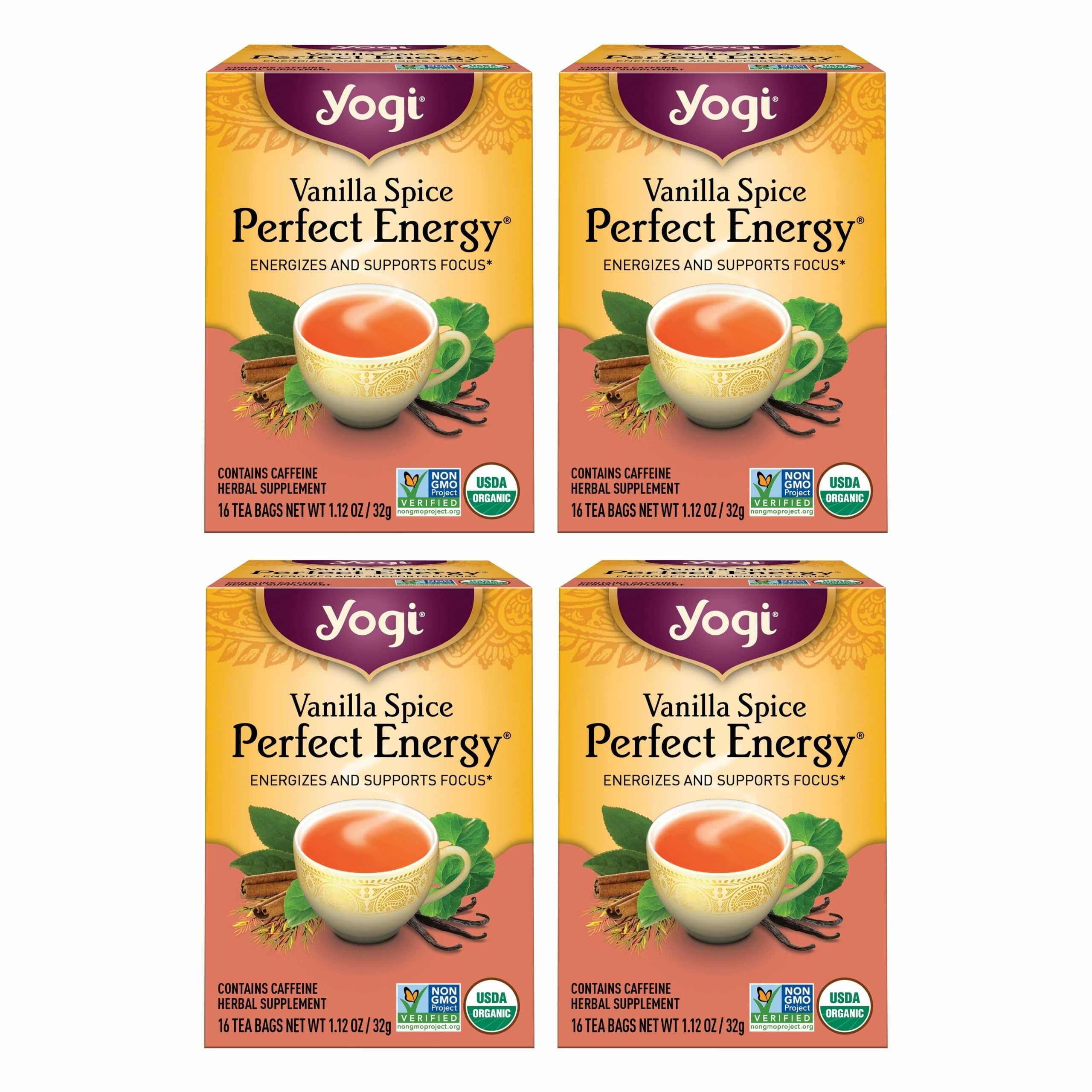 Yogi Vanilla Spice Perfect Energy bottle pour promoting a natural energy boost.