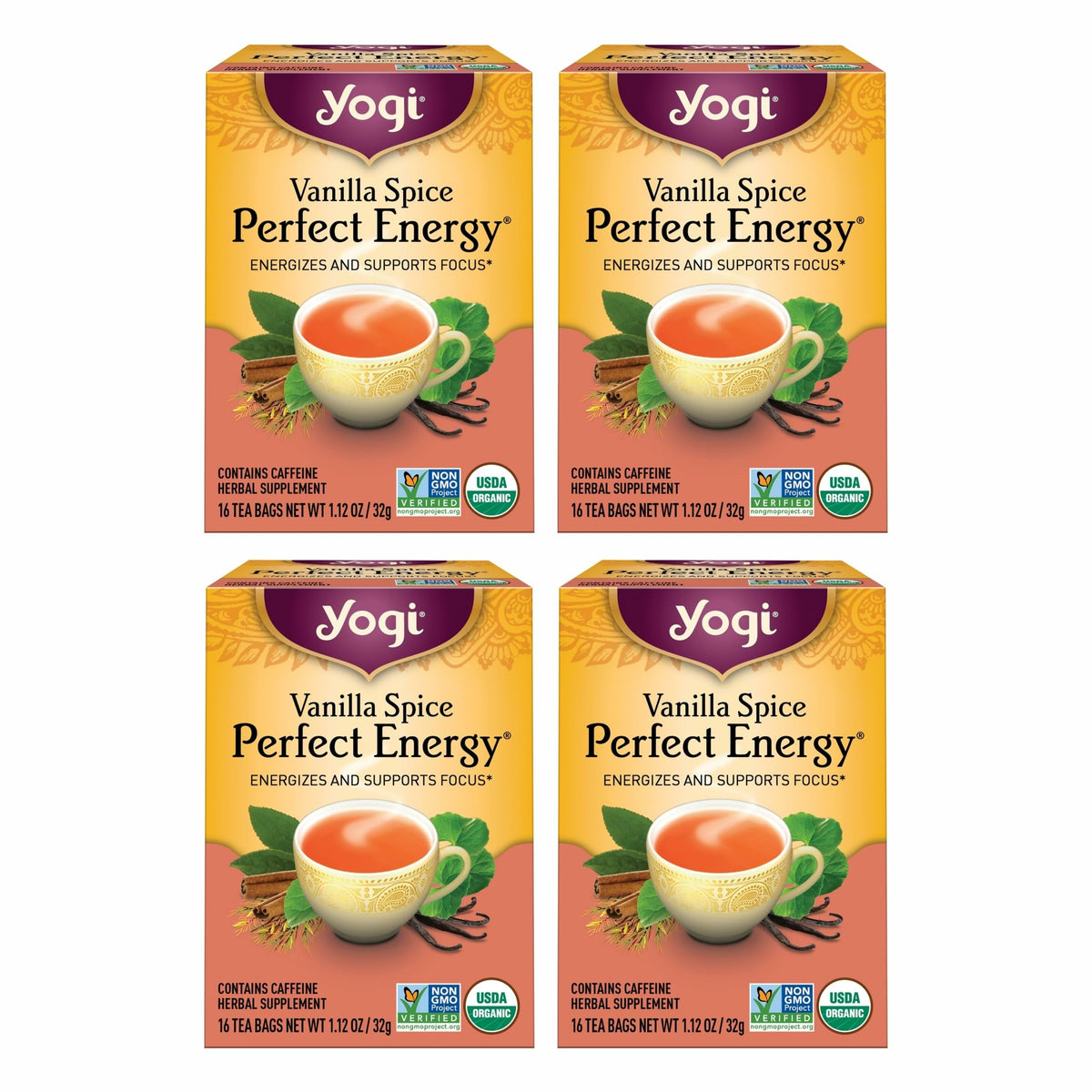 Yogi Vanilla Spice Perfect Energy bottle pour promoting a natural energy boost.