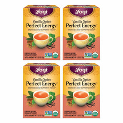 Yogi Vanilla Spice Perfect Energy bottle pour promoting a natural energy boost.