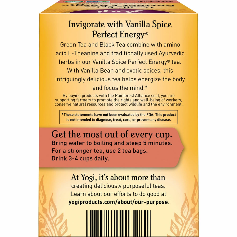 Yogi Vanilla Spice Perfect Energy cup steaming for focused, alert moments.