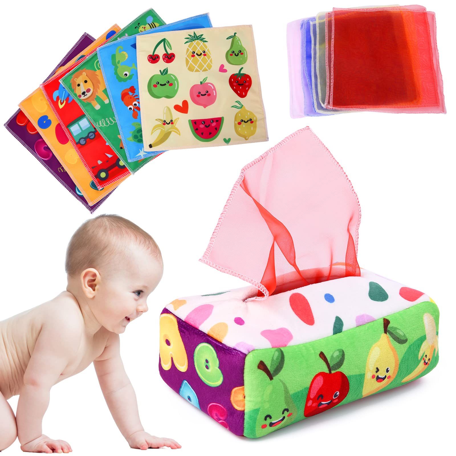 YOGINGO tissue box toy with pullout action for baby fine motor play.
