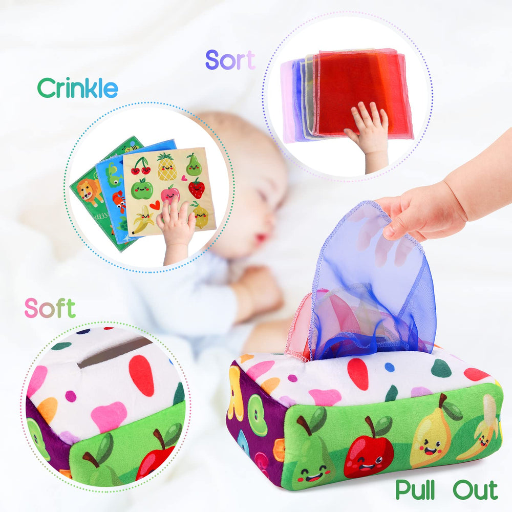 YOGINGO tissue box toy crinkle papers set for visual stimulation.