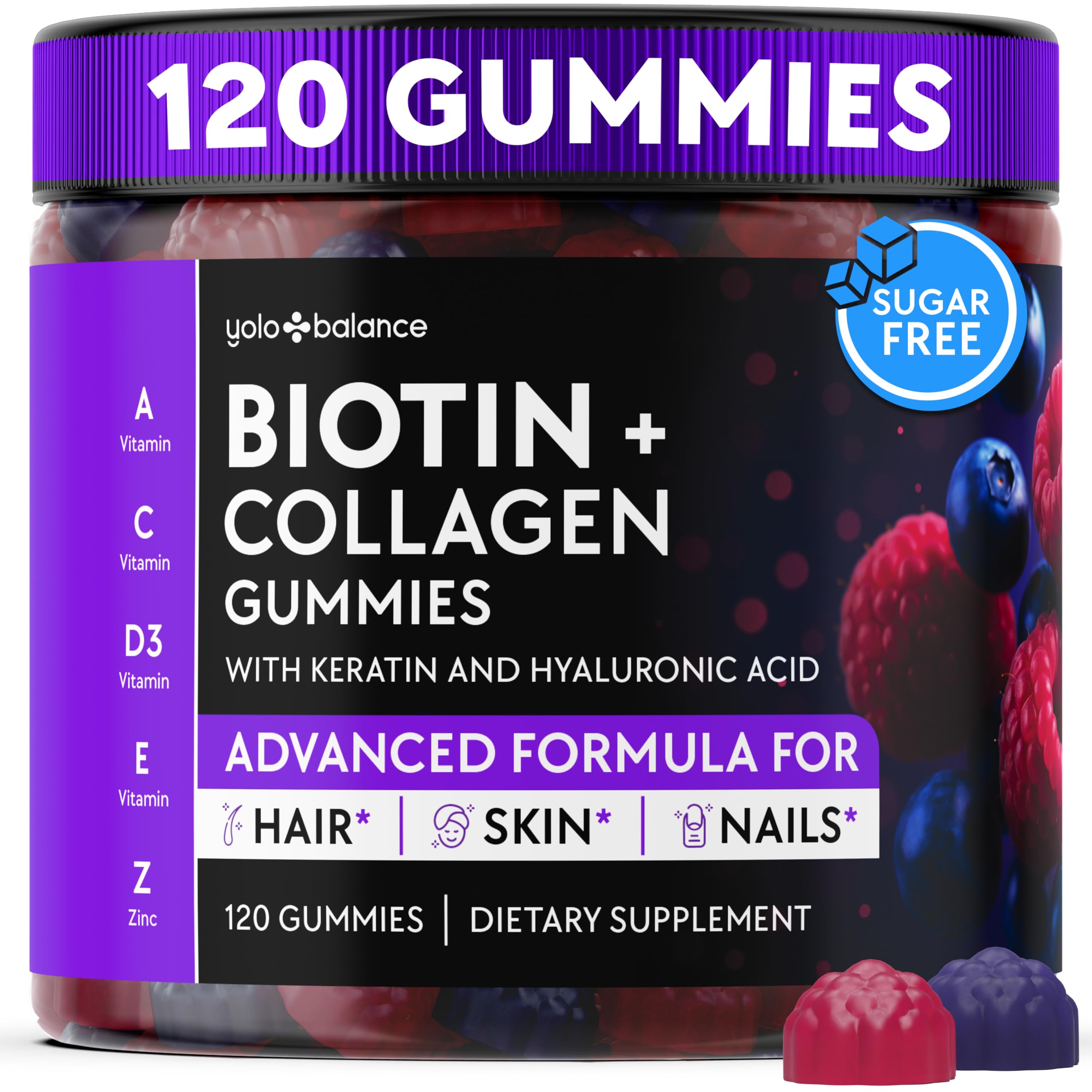 YOLOBALANCE Biotin Gummies bottle front with high-potency 10,000 mcg formula for hair support