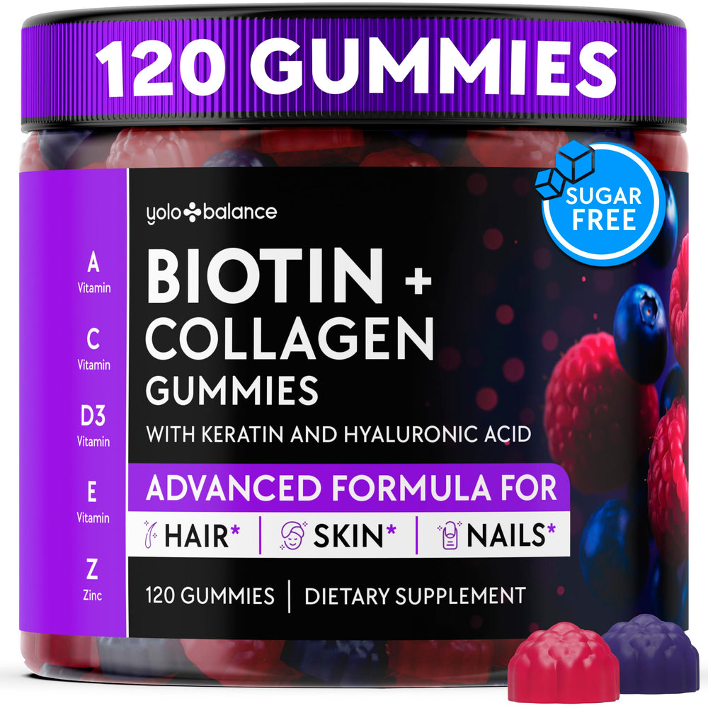 YOLOBALANCE Biotin Gummies bottle front with high-potency 10,000 mcg formula for hair support