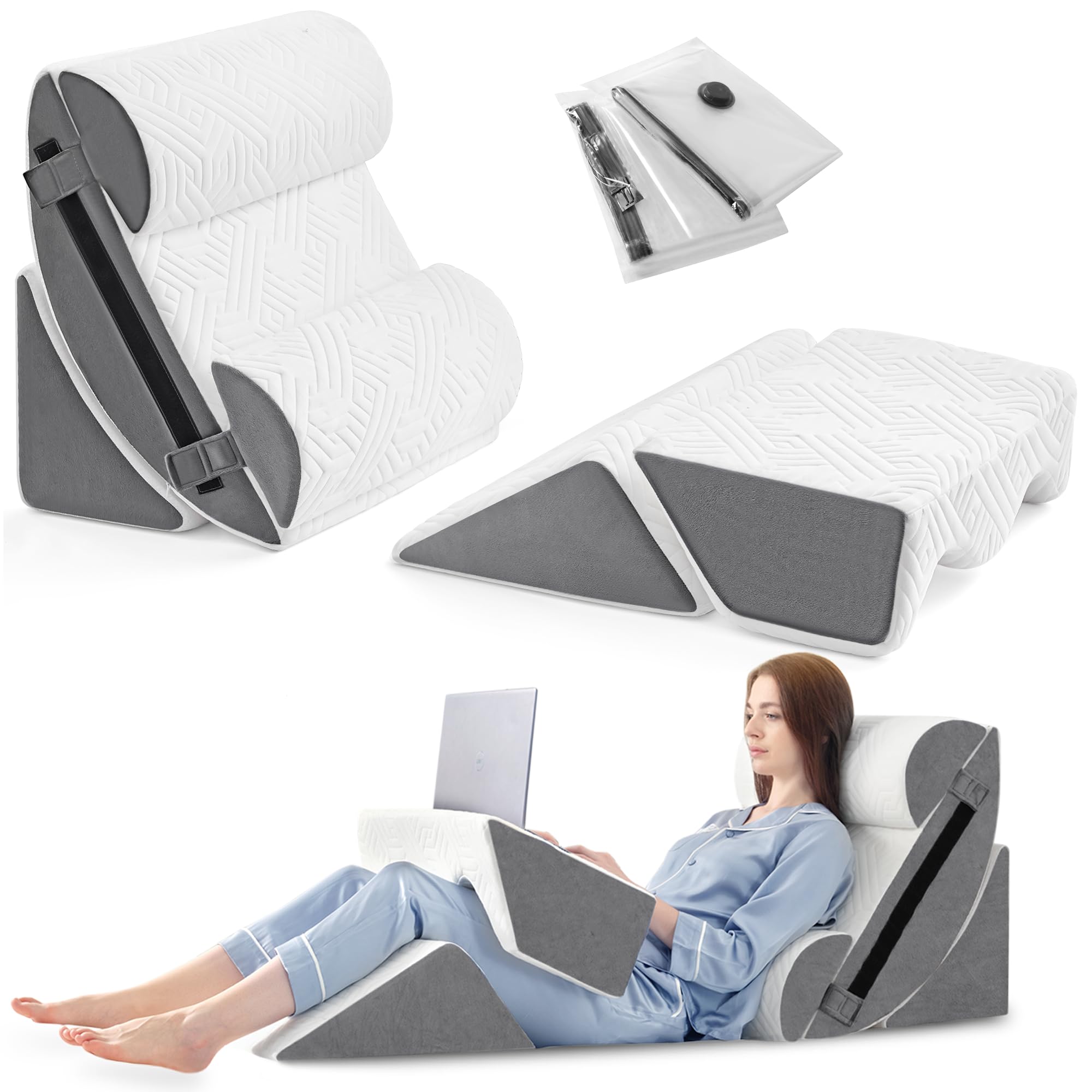 Yojoker bed wedge pillow set packaging for easy storage and setup.