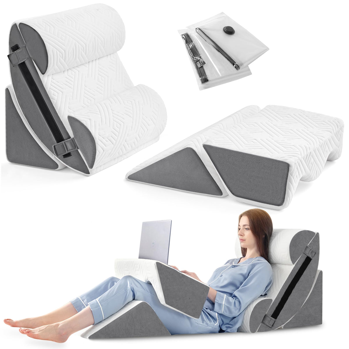Yojoker bed wedge pillow set packaging for easy storage and setup.
