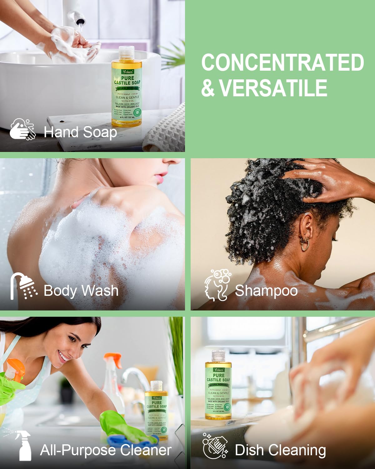 Yoken Peppermint Castile Soap body wash for skin and face, refreshing