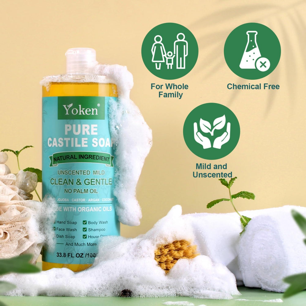 Yoken Castile Soap for dishwashing with residue-free rinse.