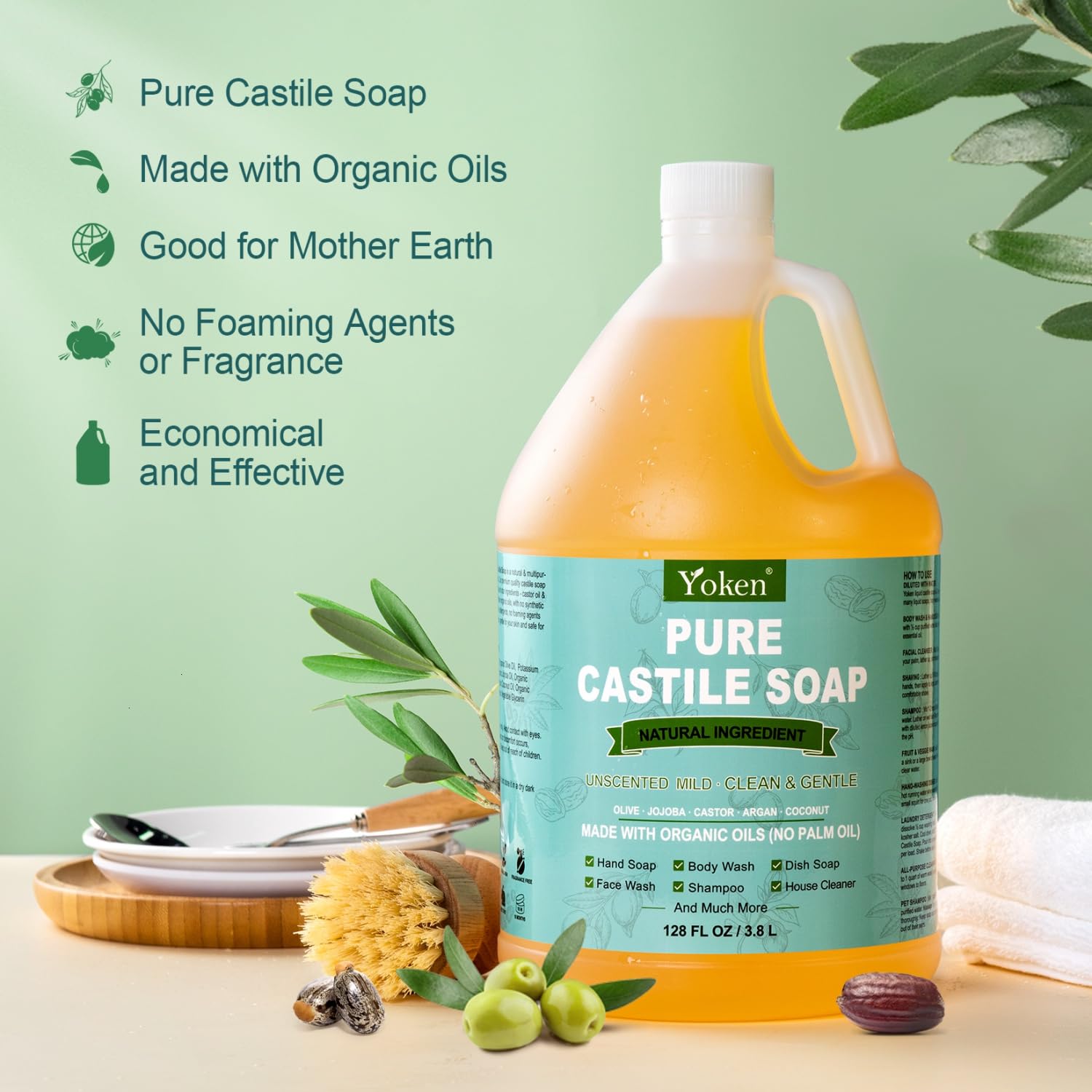 Yoken Castile Soap Liquid organic oils ingredients close-up showing natural formulation
