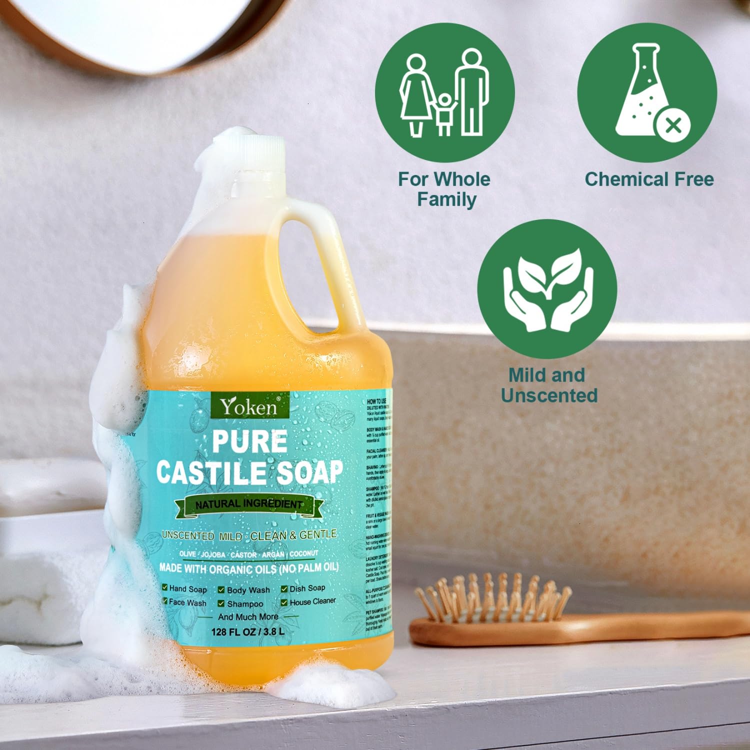 Yoken Castile Soap Liquid rich lather shown on skin