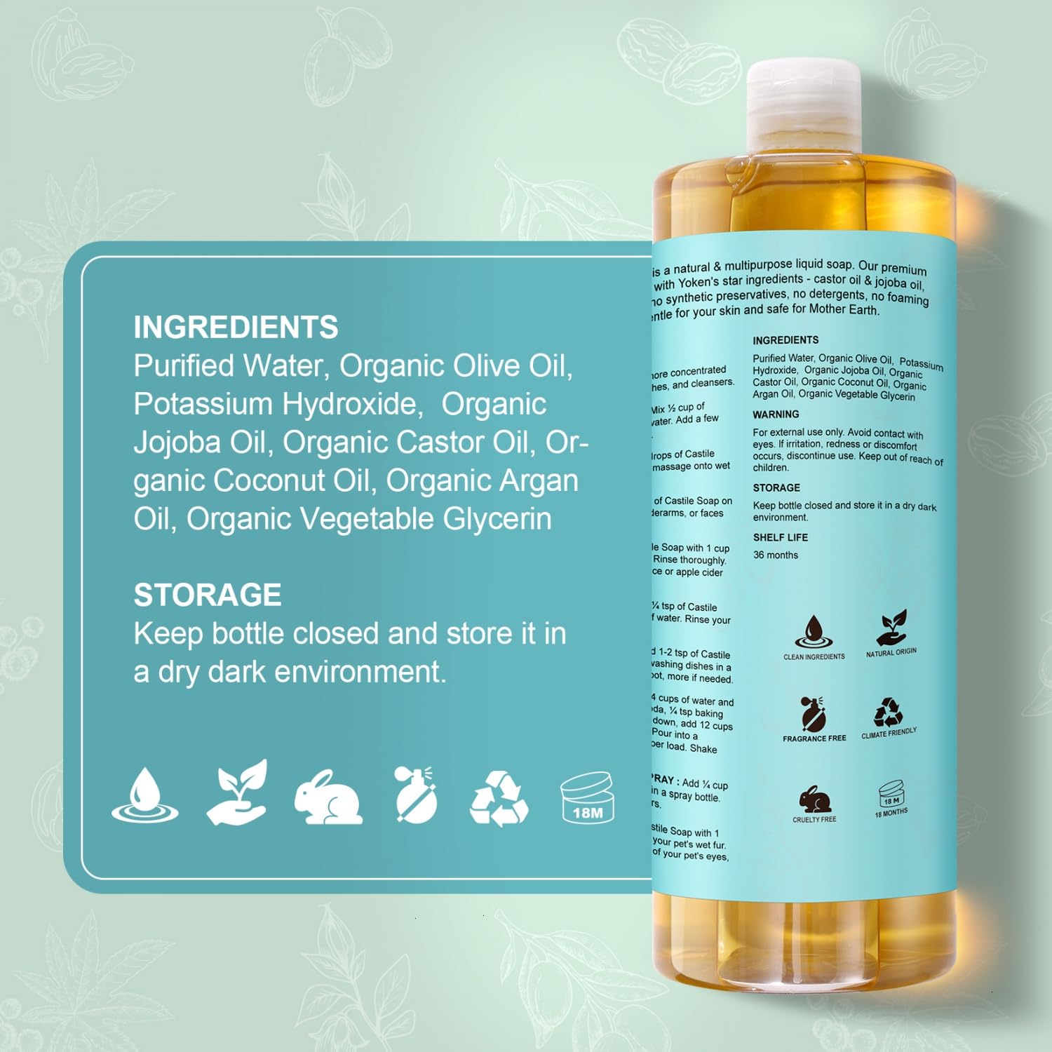 Yoken Castile Soap for veggie wash, safe produce cleaning.