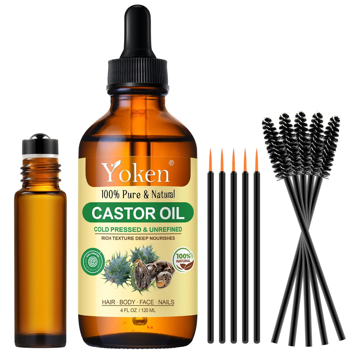Yoken castor oil in amber glass bottle preserves freshness and purity.