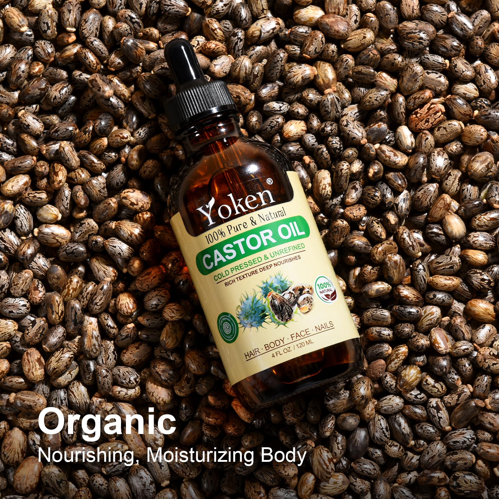 Yoken castor oil for eyebrows and hair care routines.